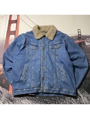 Vintage Lee Sherpa Lined Denim Trucker Jacket Mens Size XL Blue Removable Collar